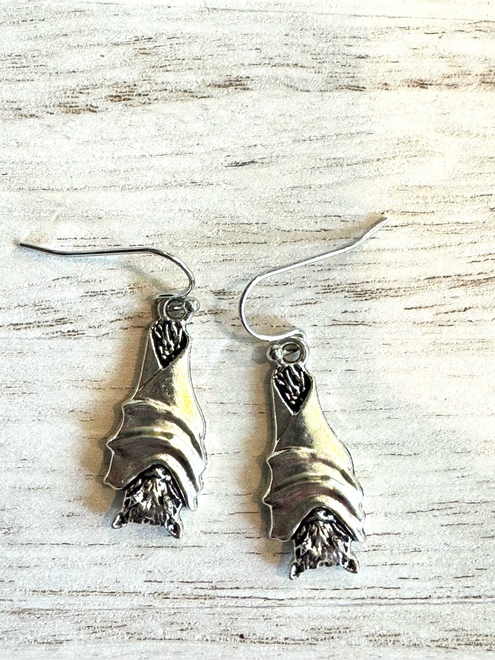 Silver Tone Hanging  Bat Wrapped in Wings Dangle Earrings  1” long - Picture 6 of 7
